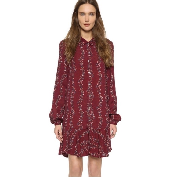 Free People burgundy floral long sleeve button down shirtdress with pockets, XS - Picture 2 of 14
